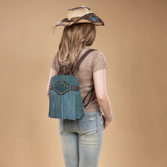 Trinity Ranch Aztec Tooled Fringe Concealed Carry Backpack Turquoise - Picture 6 of 6